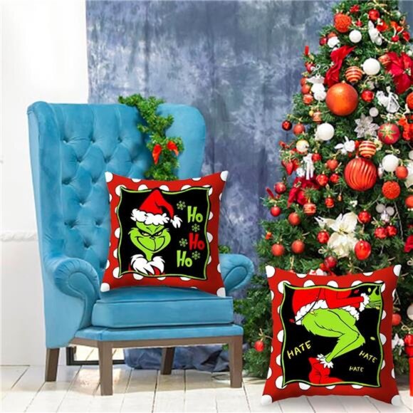 Set of 4 Christmas‎ Pillow Covers, 18x18 Merry Grin-chmas Farmhouse Decor - Picture 4 of 7